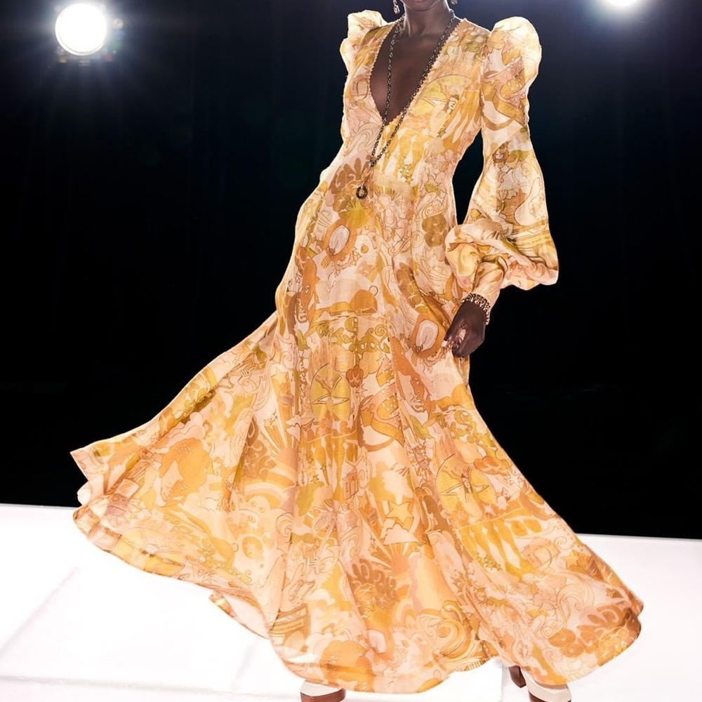 $1850 2021 Zimmermann Tempo Puff Sleeve Linen Silk Runway Gown.